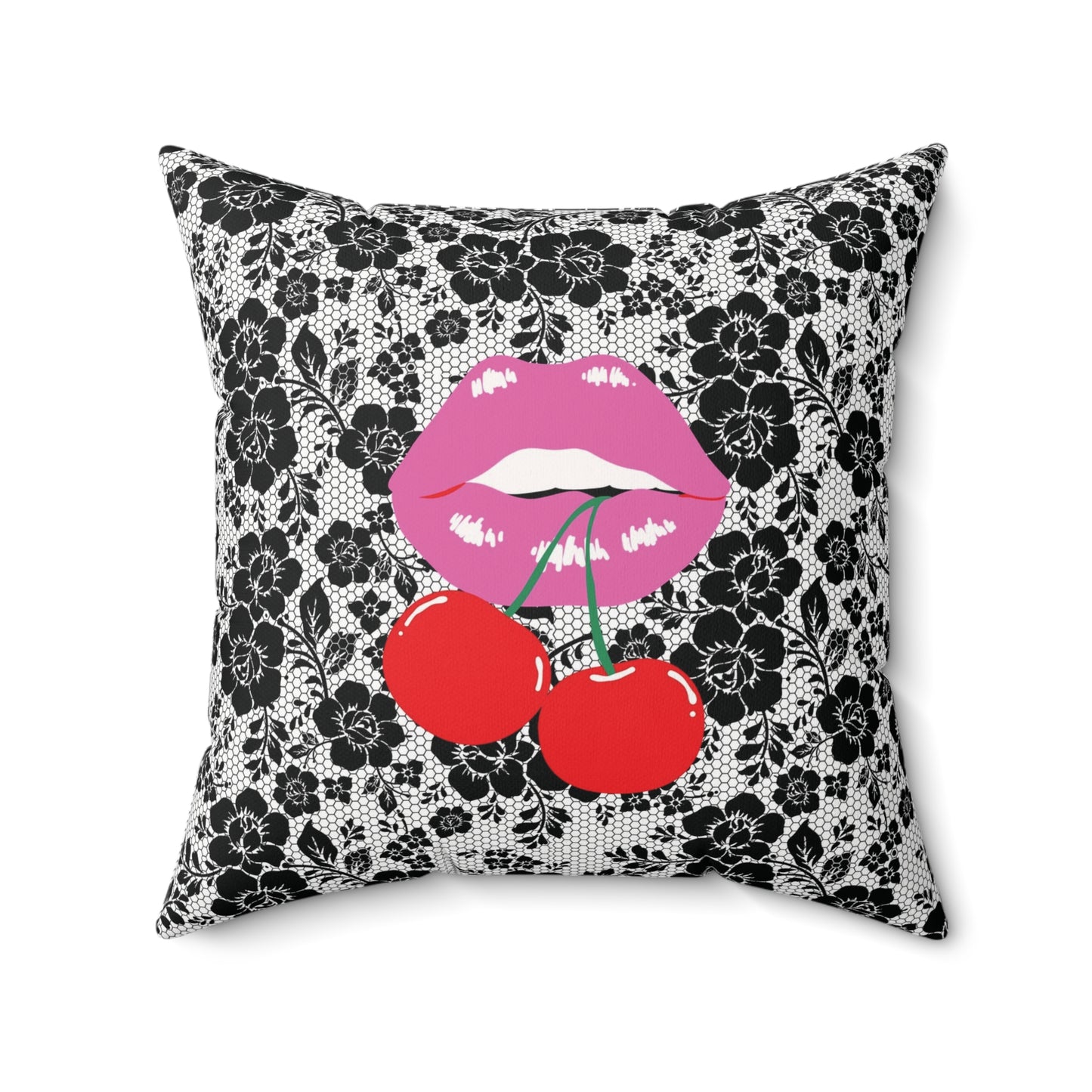 Black Lace Cherry Kiss Pillow