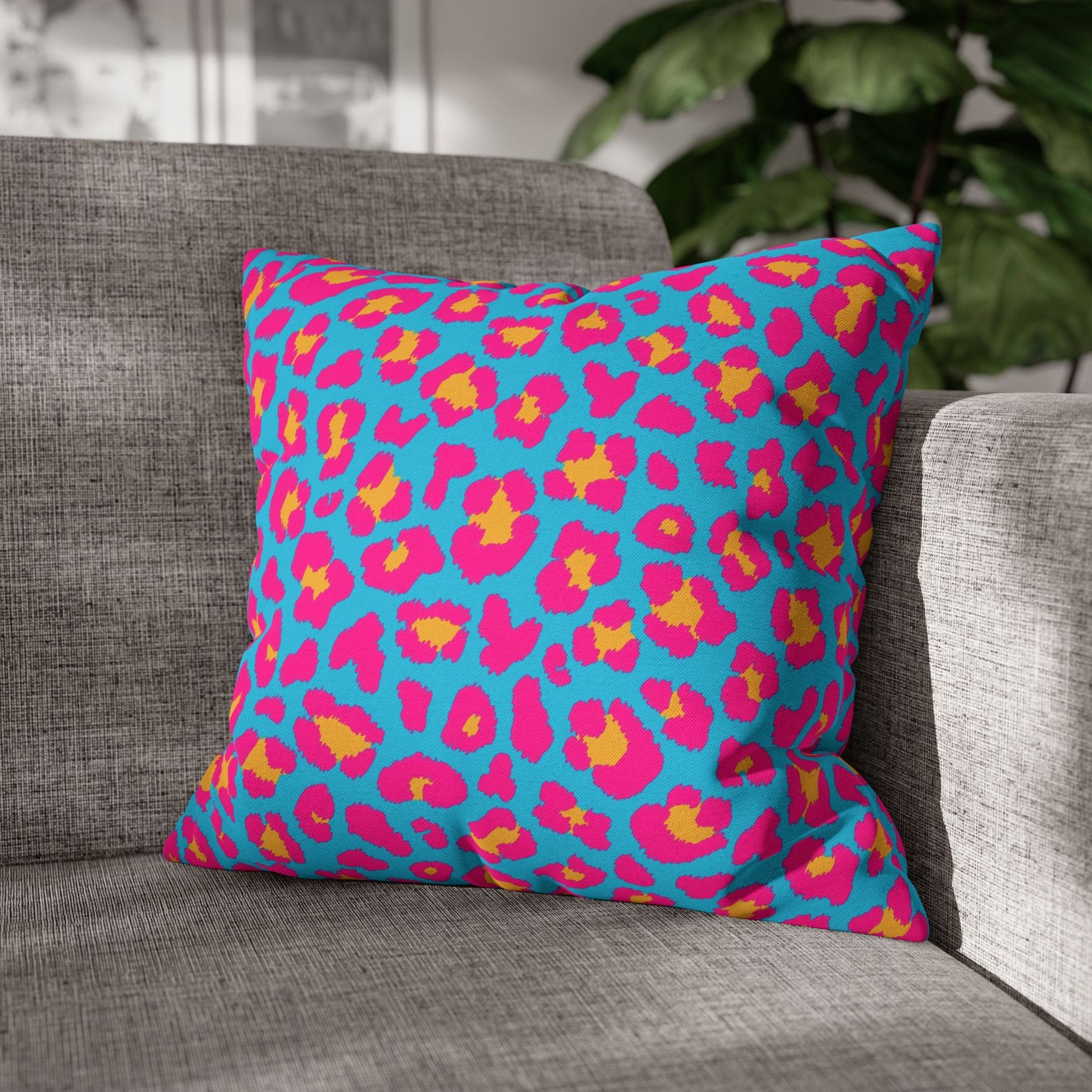 Blue & Hot Pink Leopard Print Pillow Cover