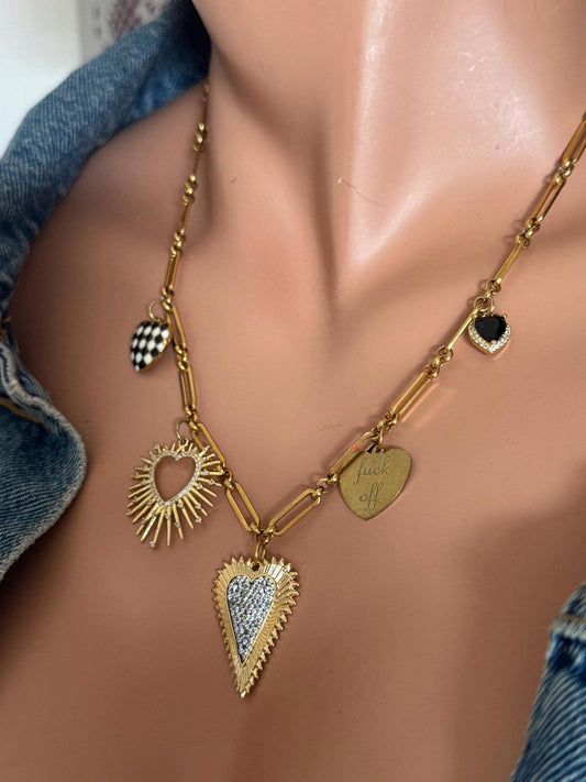 Funky Heart Charm Necklace, Gold Chain Statement Necklace Rhinestone Sacred Heart & Funny Heart Charm, Checkered Heart, Fuck Charm