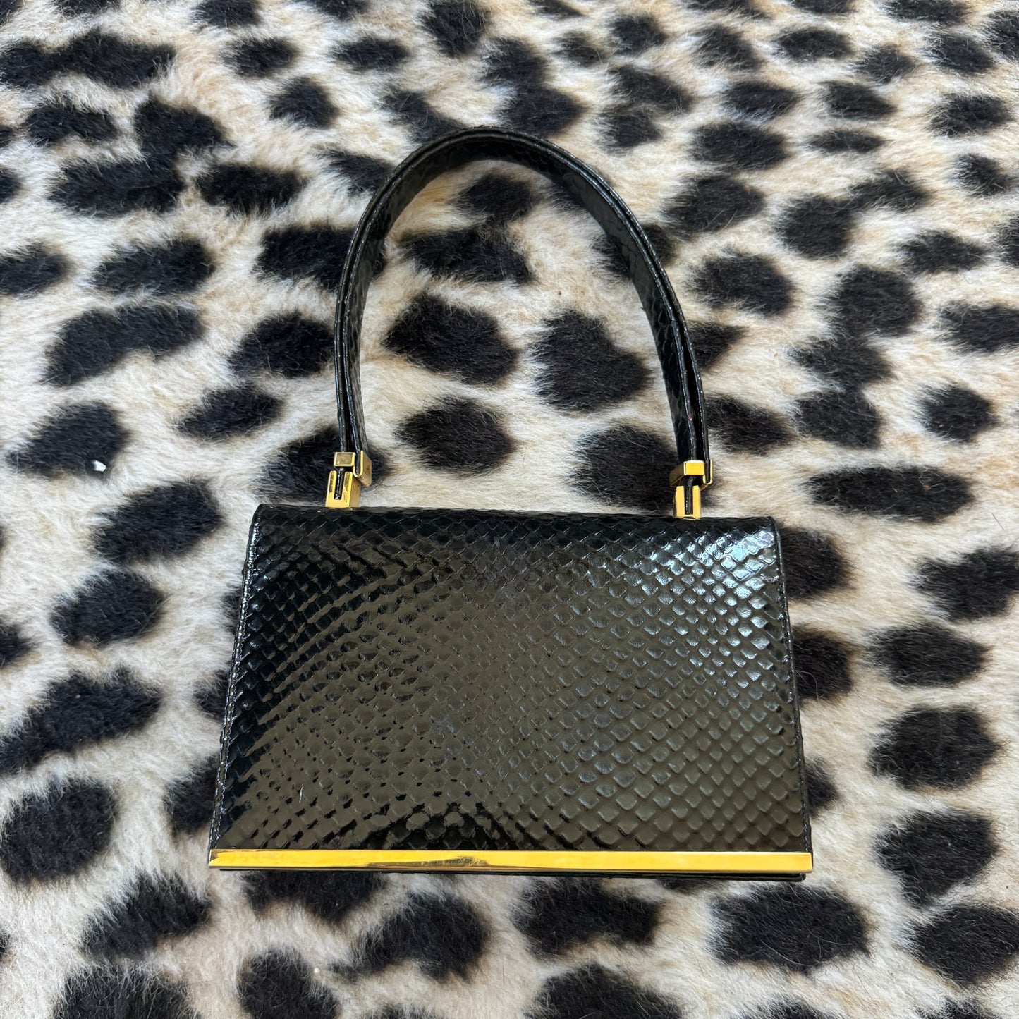 60s Mod Koret Black Leather Lizard Box Handbag