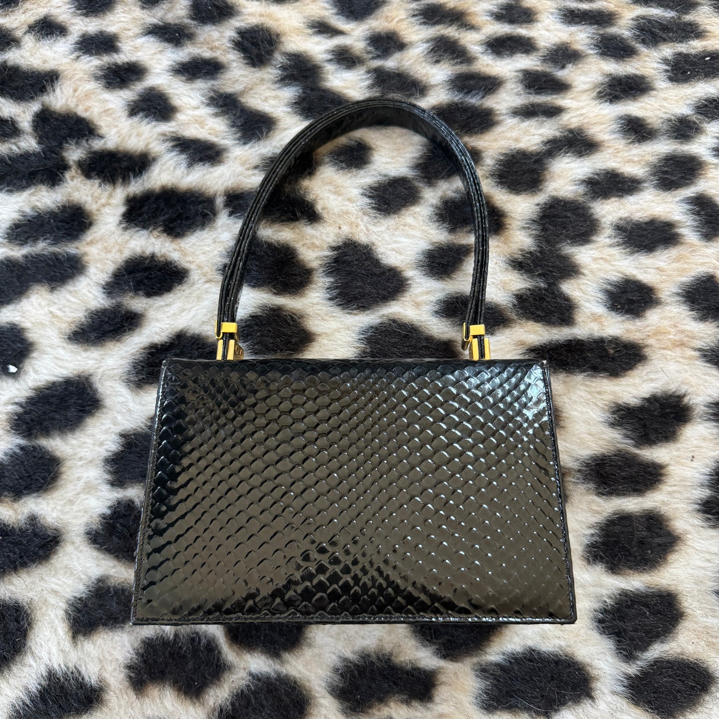 60s Mod Koret Black Leather Lizard Box Handbag