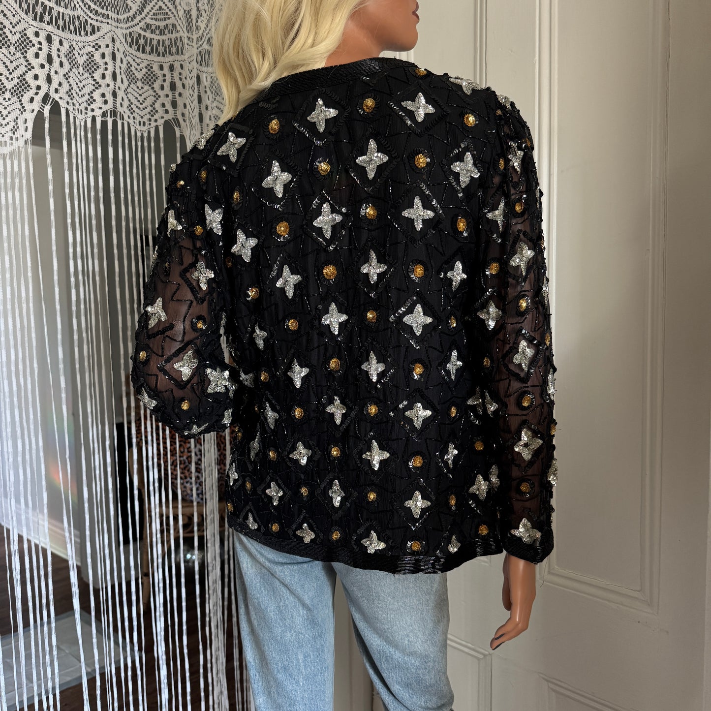 70s 80s Beaded Silver Gold Embroidered Star Diamond Jacket