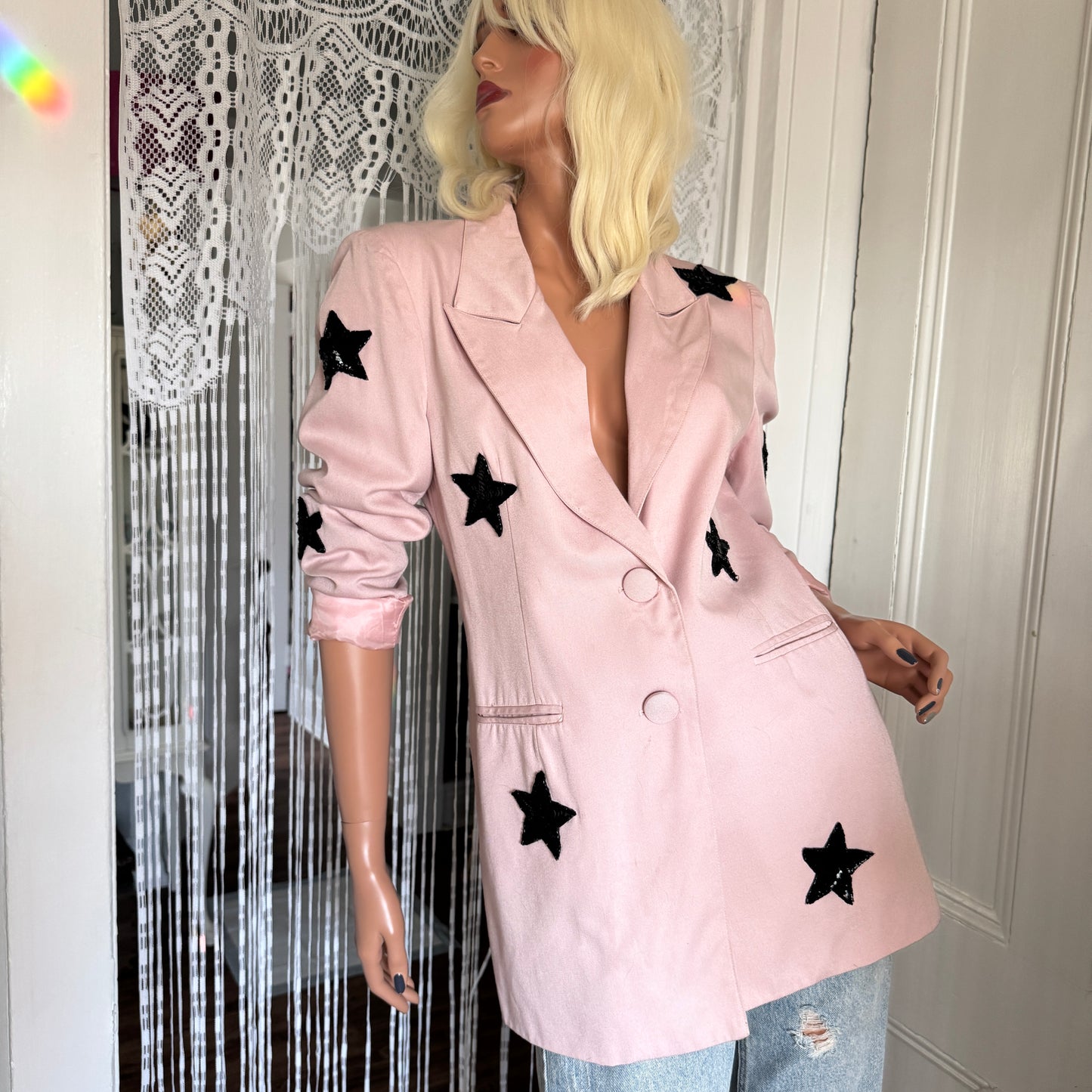 Pink Oversized Black Sequins STARs Blazer