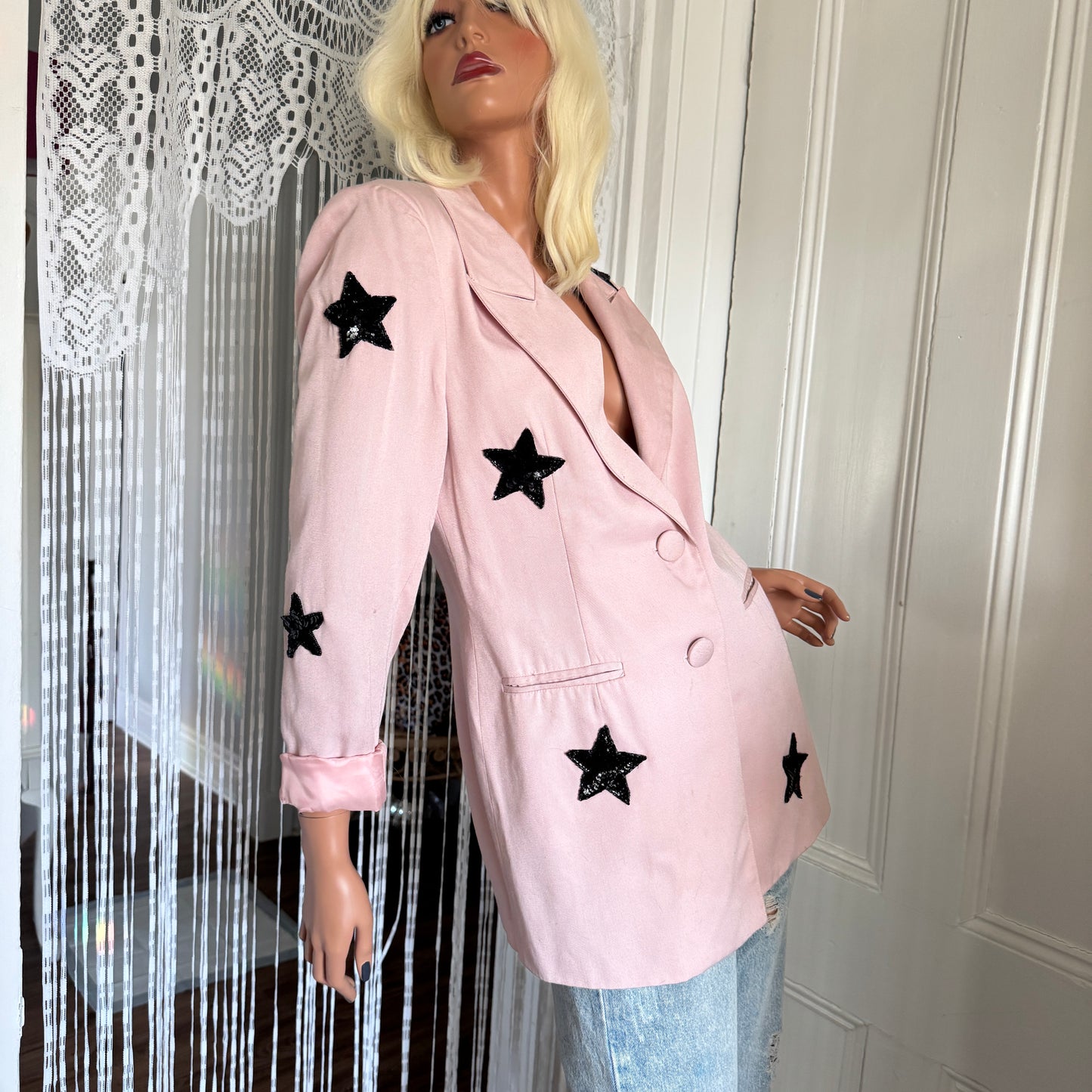 Pink Oversized Black Sequins STARs Blazer