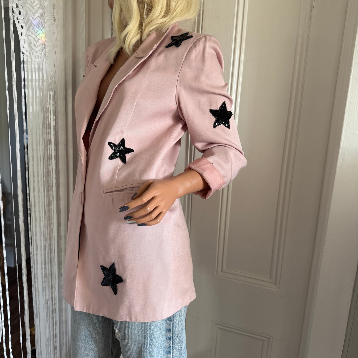 Pink Oversized Black Sequins STARs Blazer