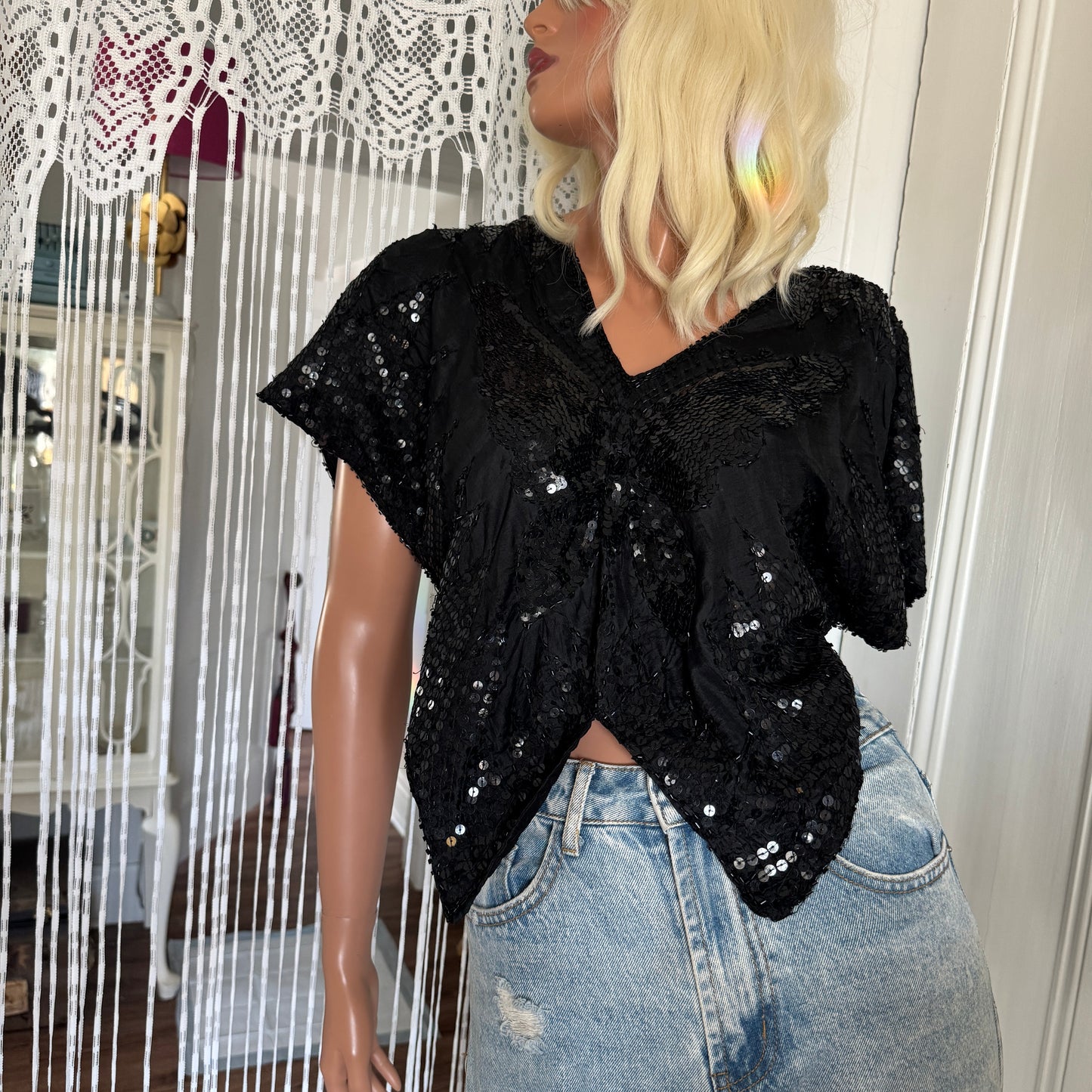 80s Black Butterfly Sequins Blouse