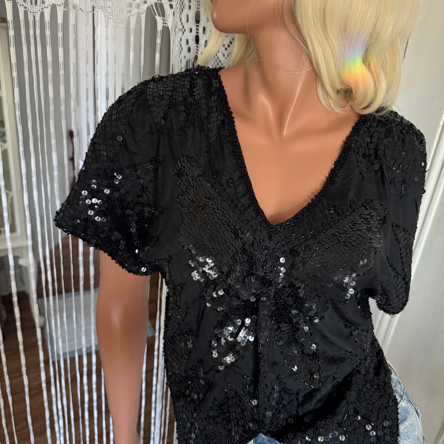 80s Black Butterfly Sequins Blouse