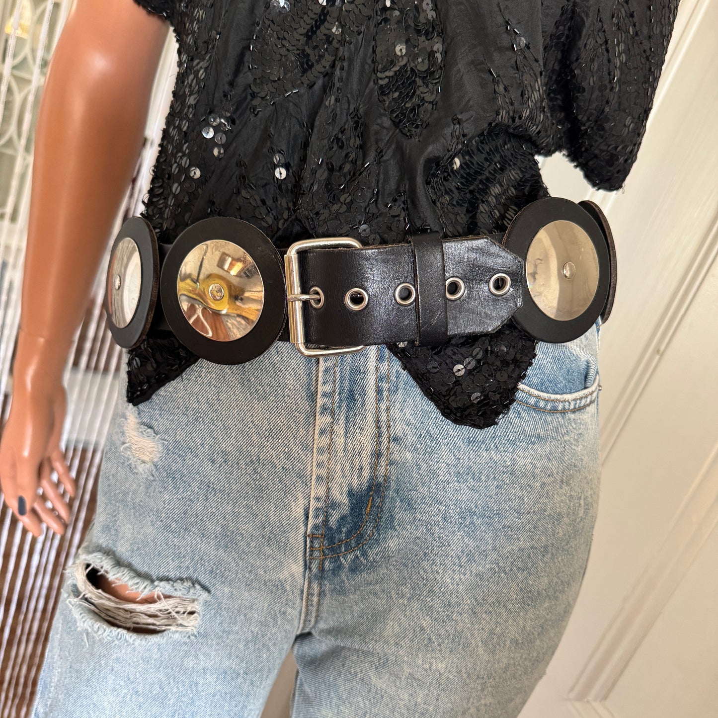 80s Moto BOHO Hip Black Wide Leather Belt with Silver Hardware