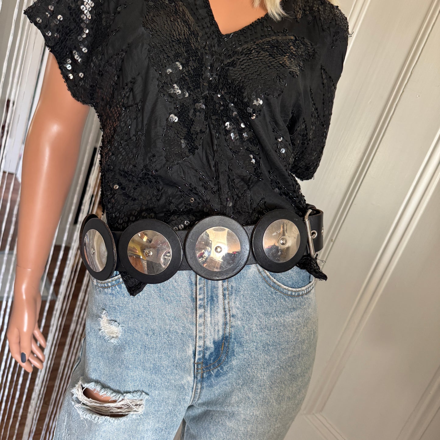 80s Moto BOHO Hip Black Wide Leather Belt with Silver Hardware