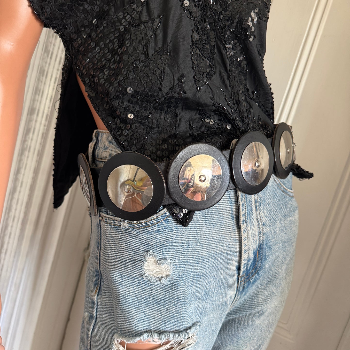 80s Moto BOHO Hip Black Wide Leather Belt with Silver Hardware