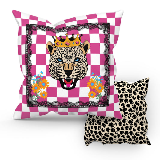 Fuchsia Check King Cheetah Pillow