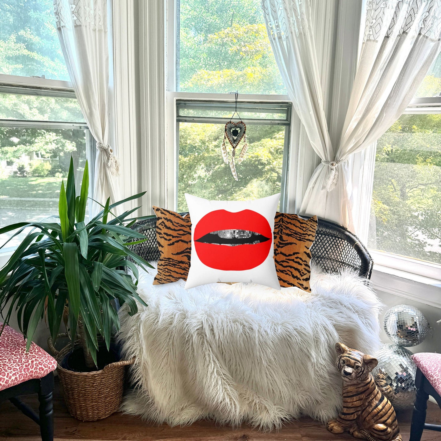 Disco Red Lips Maximalist Throw Pillow