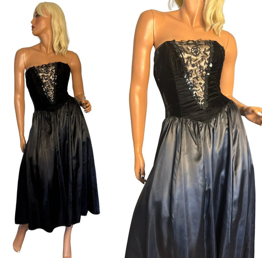 80s Gunne Sax Sequined Velvet Strapless Dress