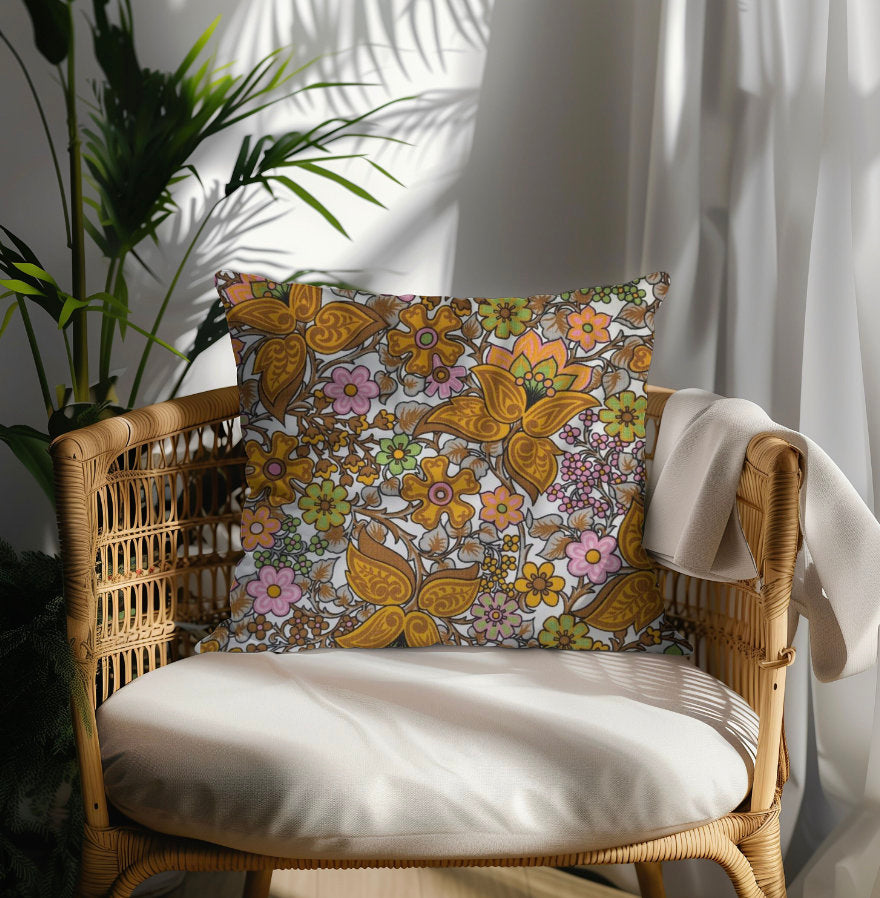 Retro Floral 60s Style Vintage Fabric Square Pillow