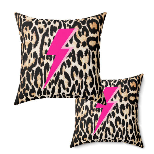 Fuchsia Lighting Bolt Leopard Print Square Pillow