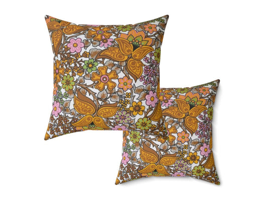 Retro Floral 60s Style Vintage Fabric Square Pillow