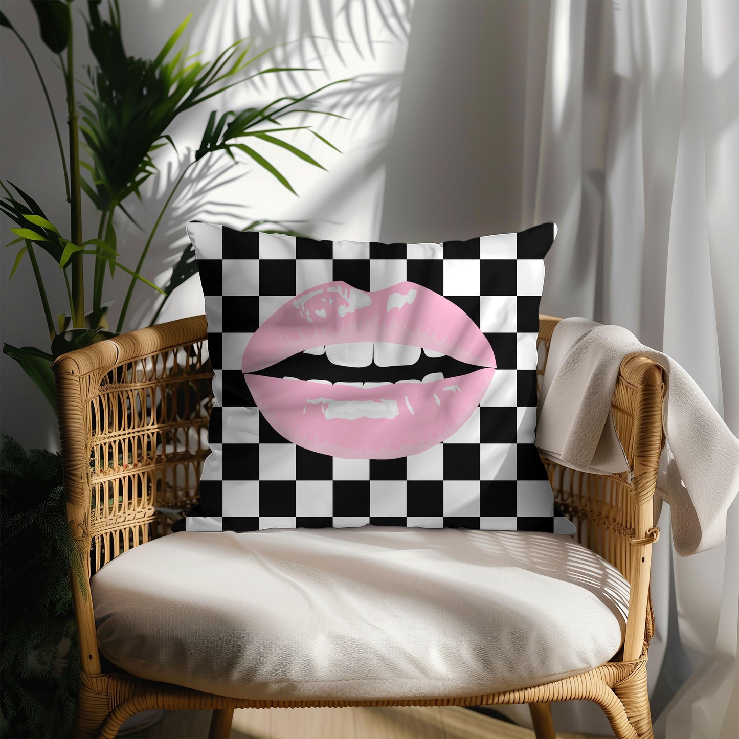 Pink Lips Checkerd Pillow