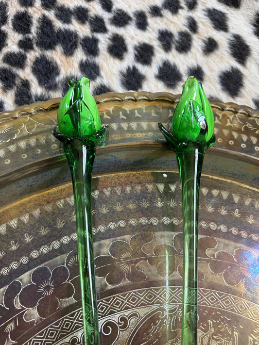 Vintage Murano Style Hand Blown Art Glass Flowers Green Tulips, 19.5" Extra Long Stems Green Tulips, Set of 2