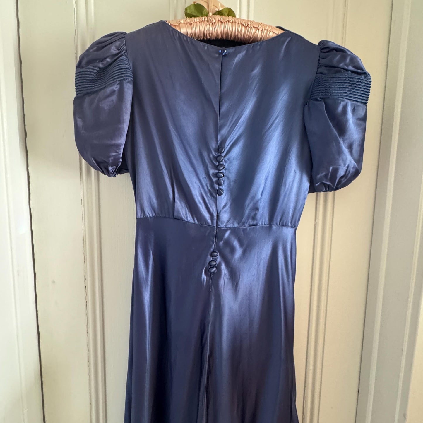 30s Satin Blue Gown Old Hollywood Wedding Bridal Evening Dress Button Up Back, Puff Sleeve Dress Floor Length Glamorous Gown Waist 29"