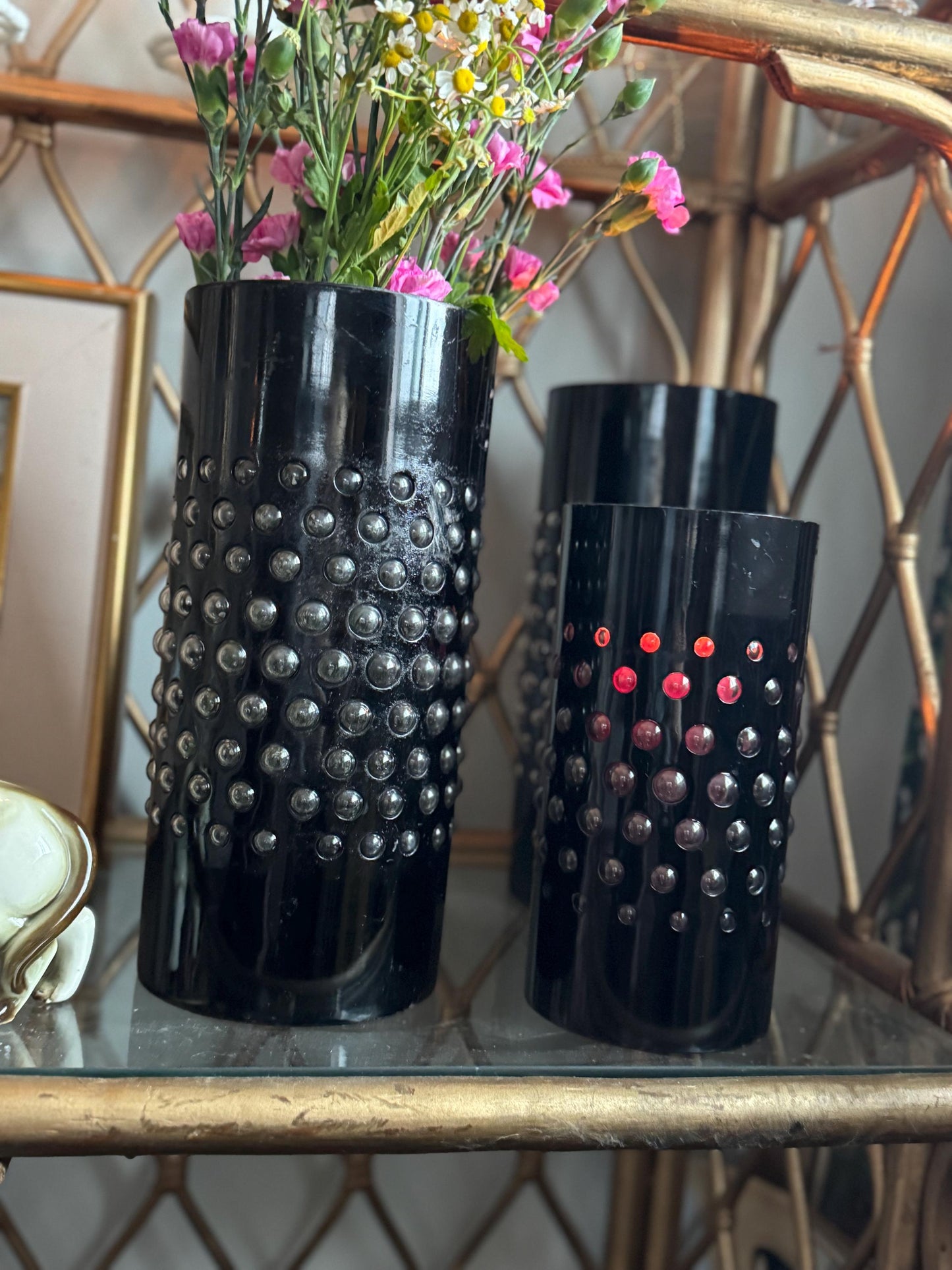 Vintage Brutalist imprisoned caged Bubble glass candle holder decor Flower Vase, RARE, glass bubble MCM Black Cylinder Vase, Sold Seperately