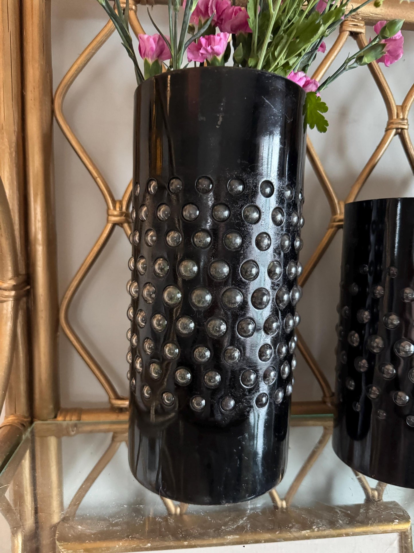 Vintage Brutalist imprisoned caged Bubble glass candle holder decor Flower Vase, RARE, glass bubble MCM Black Cylinder Vase, Sold Seperately