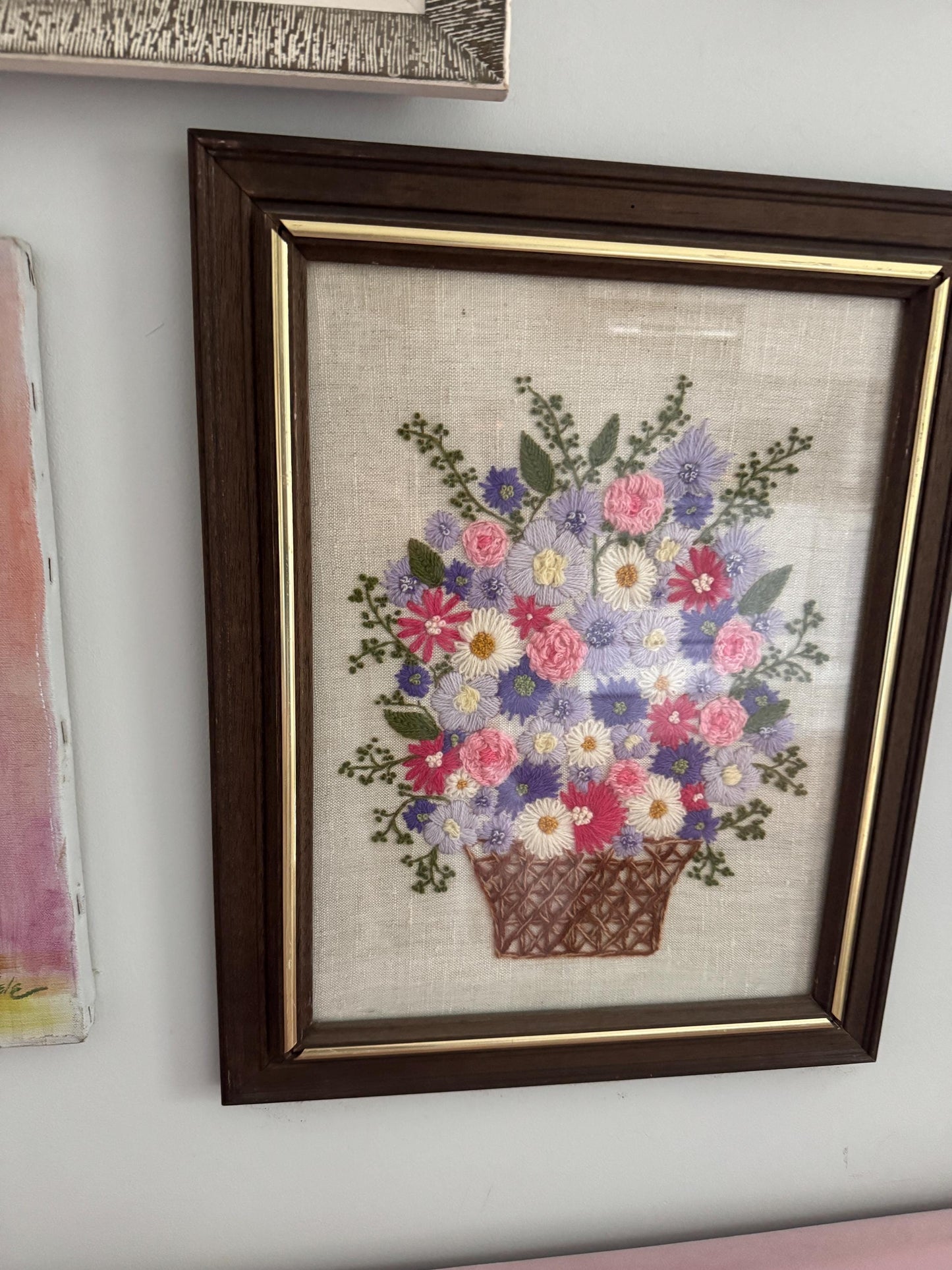 Vintage Floral Embroidery, Pink Daisy Crewelwork, Purple Floral Needlepoint, Nursery Embroidery, Large Vintage Flowers Embroidery