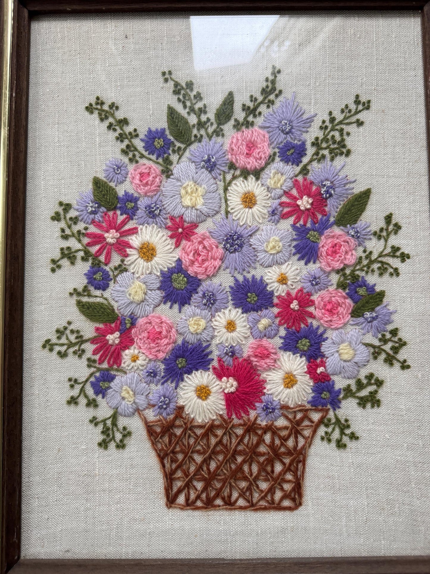 Vintage Floral Embroidery, Pink Daisy Crewelwork, Purple Floral Needlepoint, Nursery Embroidery, Large Vintage Flowers Embroidery
