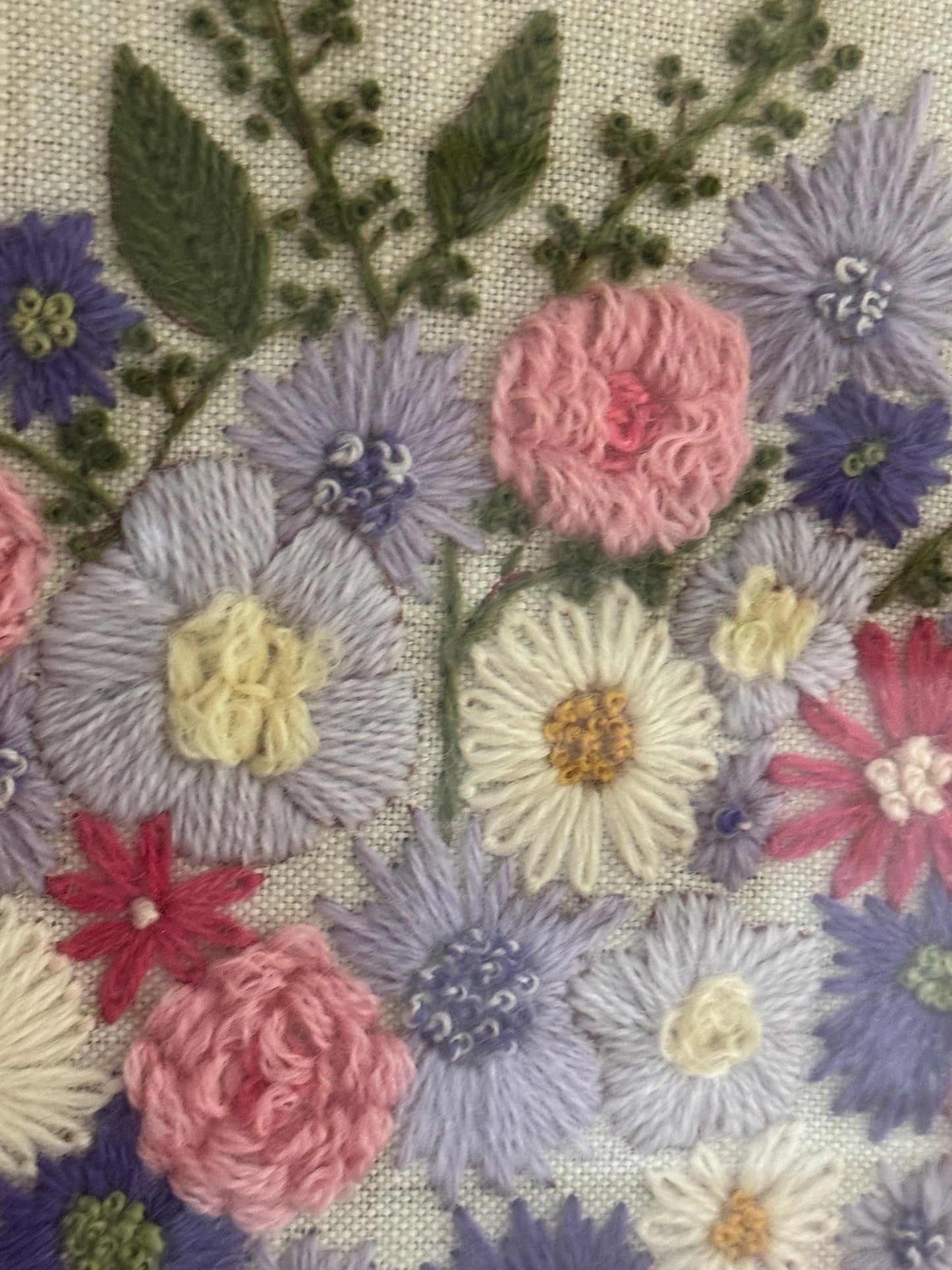 Vintage Floral Embroidery, Pink Daisy Crewelwork, Purple Floral Needlepoint, Nursery Embroidery, Large Vintage Flowers Embroidery