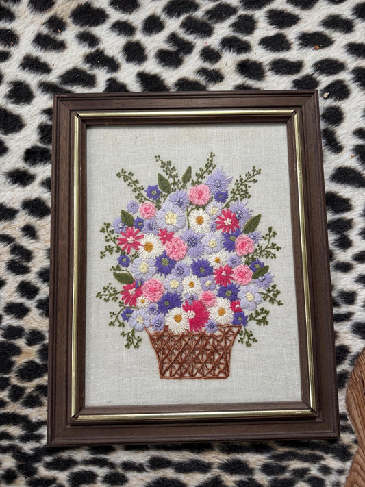 Vintage Floral Embroidery, Pink Daisy Crewelwork, Purple Floral Needlepoint, Nursery Embroidery, Large Vintage Flowers Embroidery