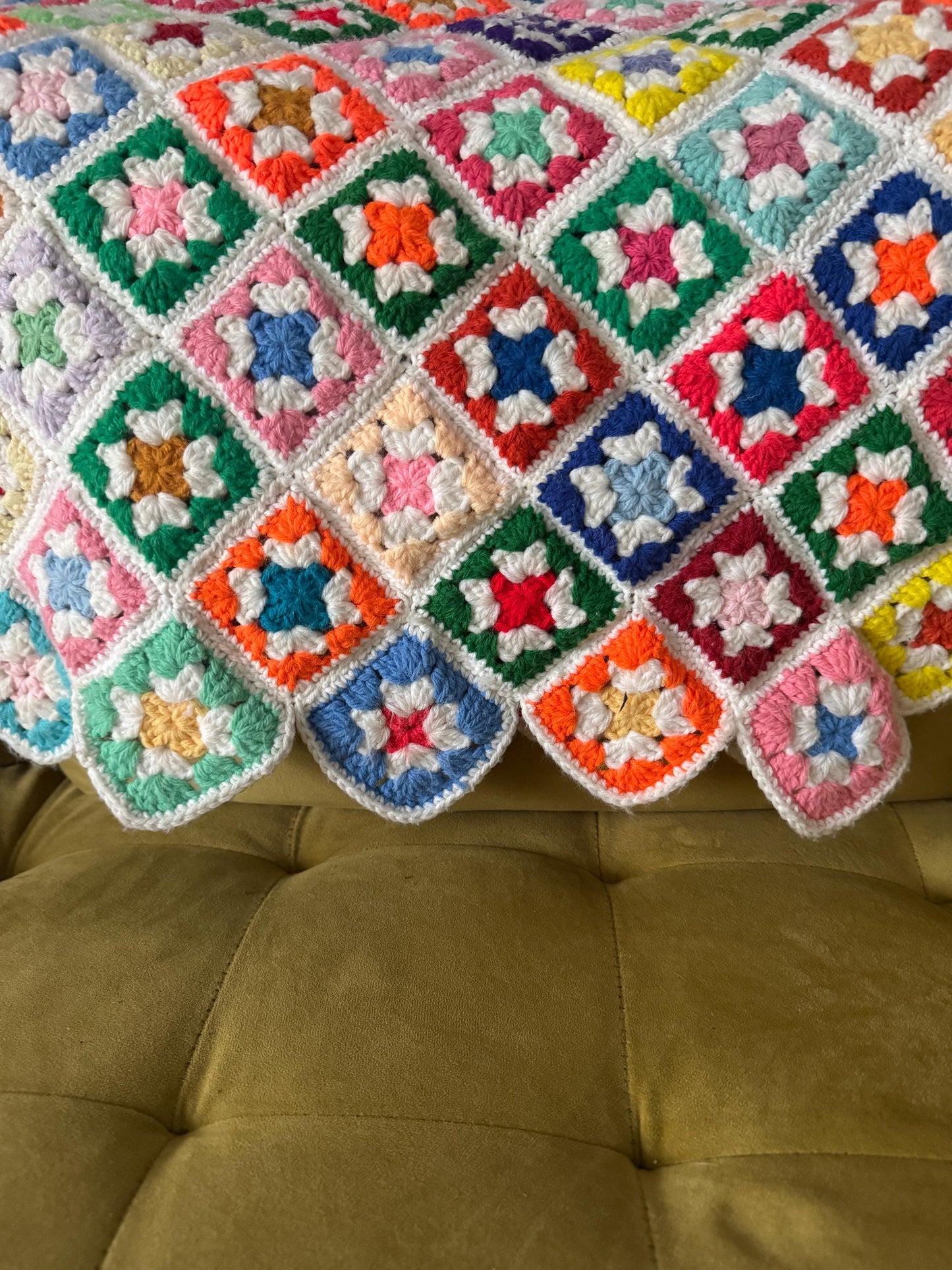 Vintage Granny Square Crochet Afghan Blanket Handmade Multicolored 1970's , Square Colorful Handmade Grandma Core SHabby Chic 58" Wide