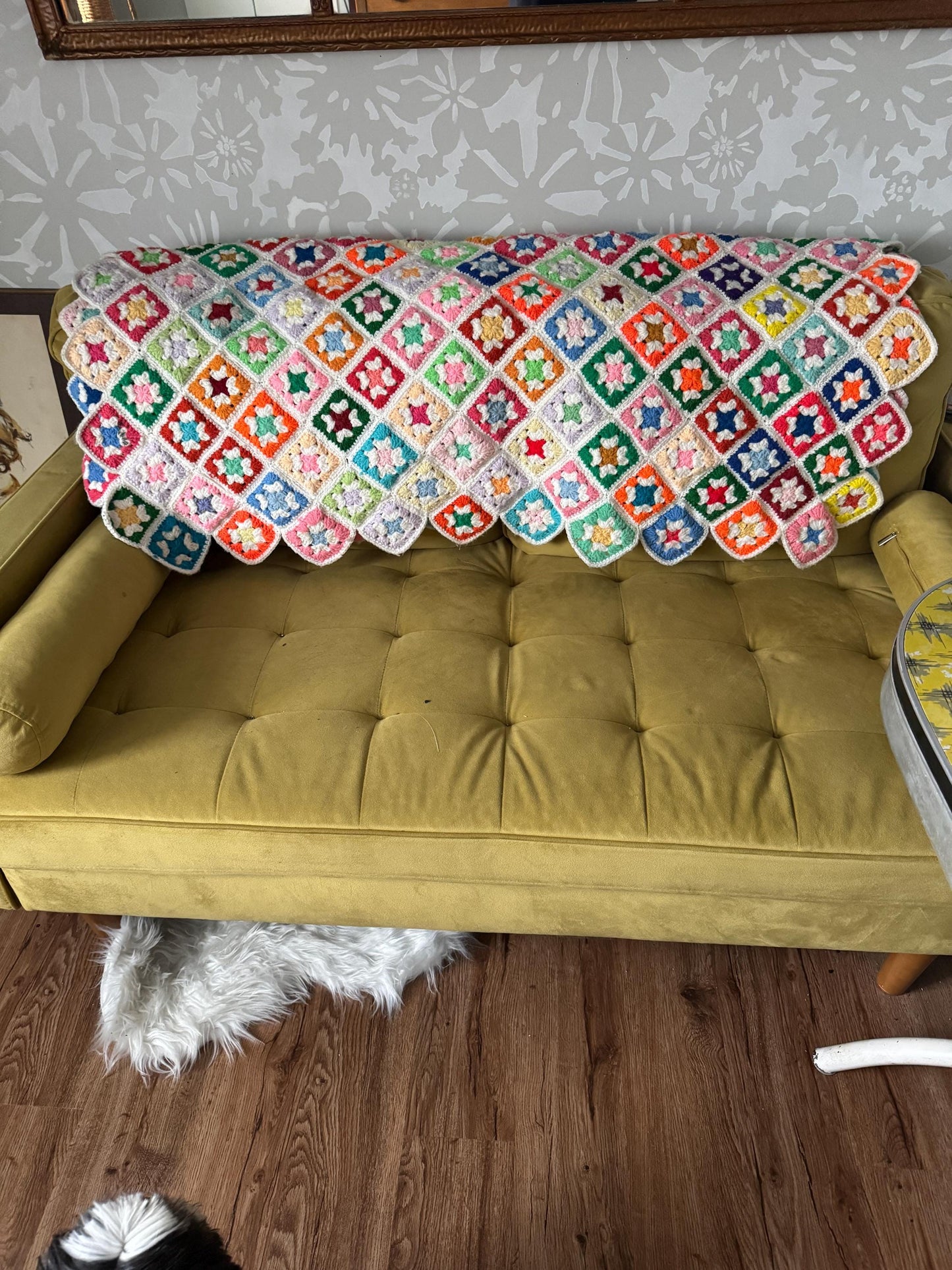 Vintage Granny Square Crochet Afghan Blanket Handmade Multicolored 1970's , Square Colorful Handmade Grandma Core SHabby Chic 58" Wide