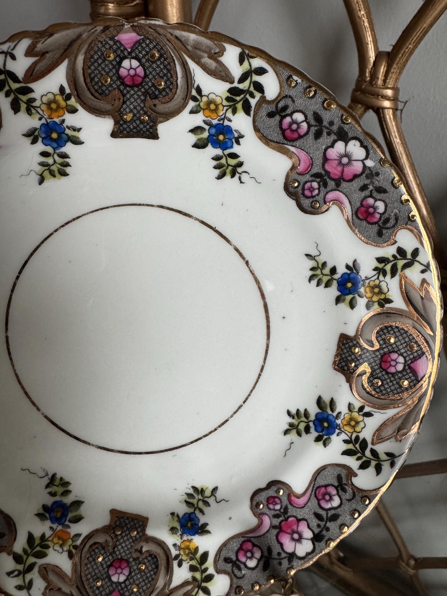 Antique Painted Porcelain Dessert Dinner plates Gilded Floral Gold Plated Pink Flower Design, circa early 1900s  11 Available