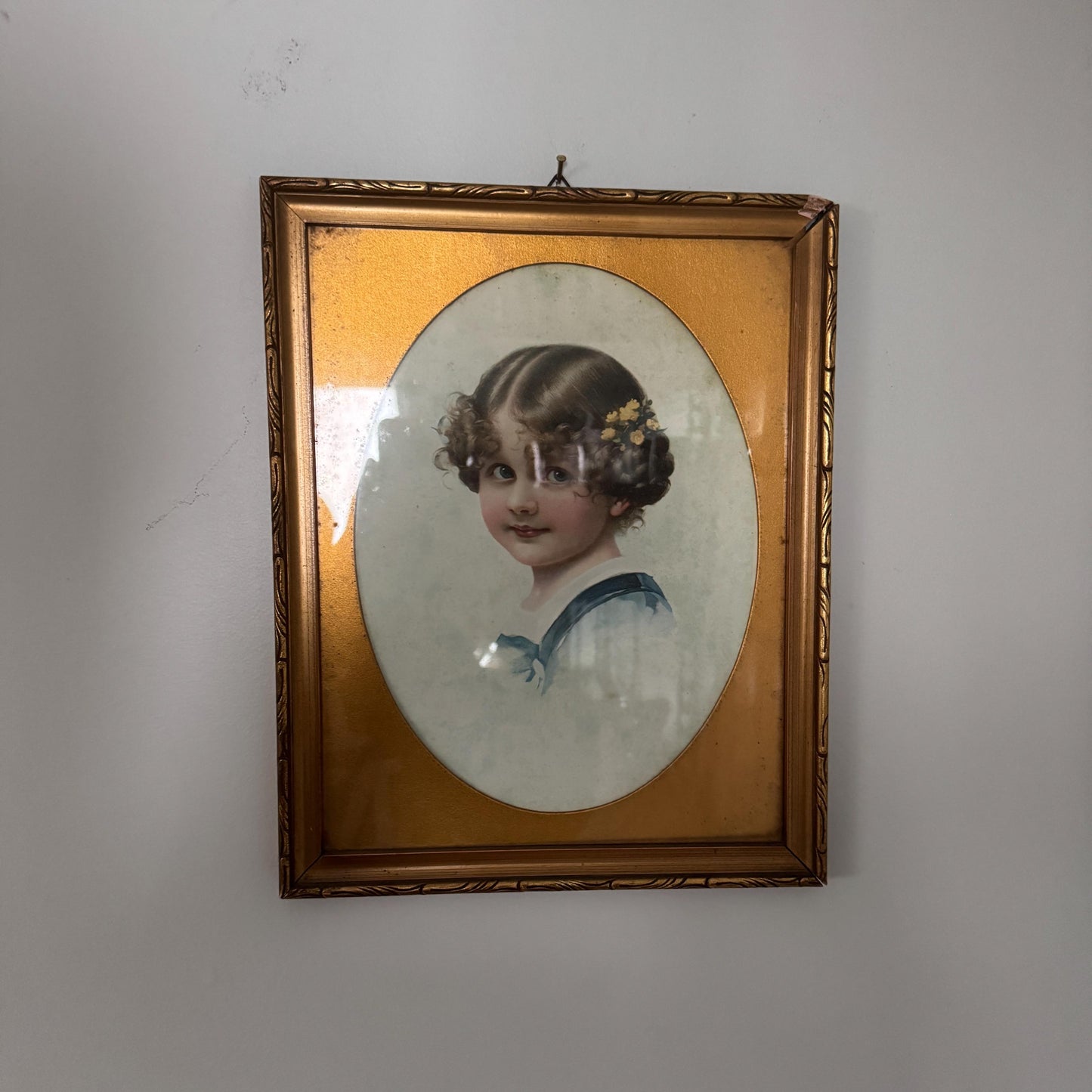 1920s Girl Portraits Originally Framed Lithograph, Antique Gold Frame, Flowers in Her Hair, Vintage Little Girl Portrait early 1900's