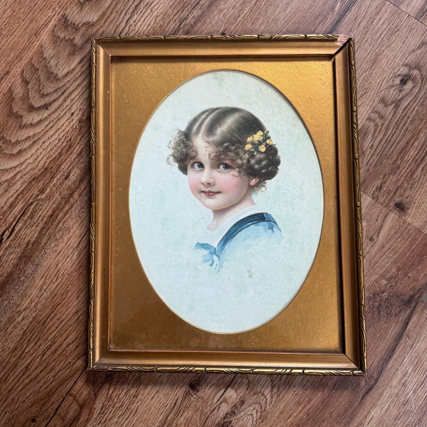 1920s Girl Portraits Originally Framed Lithograph, Antique Gold Frame, Flowers in Her Hair, Vintage Little Girl Portrait early 1900's