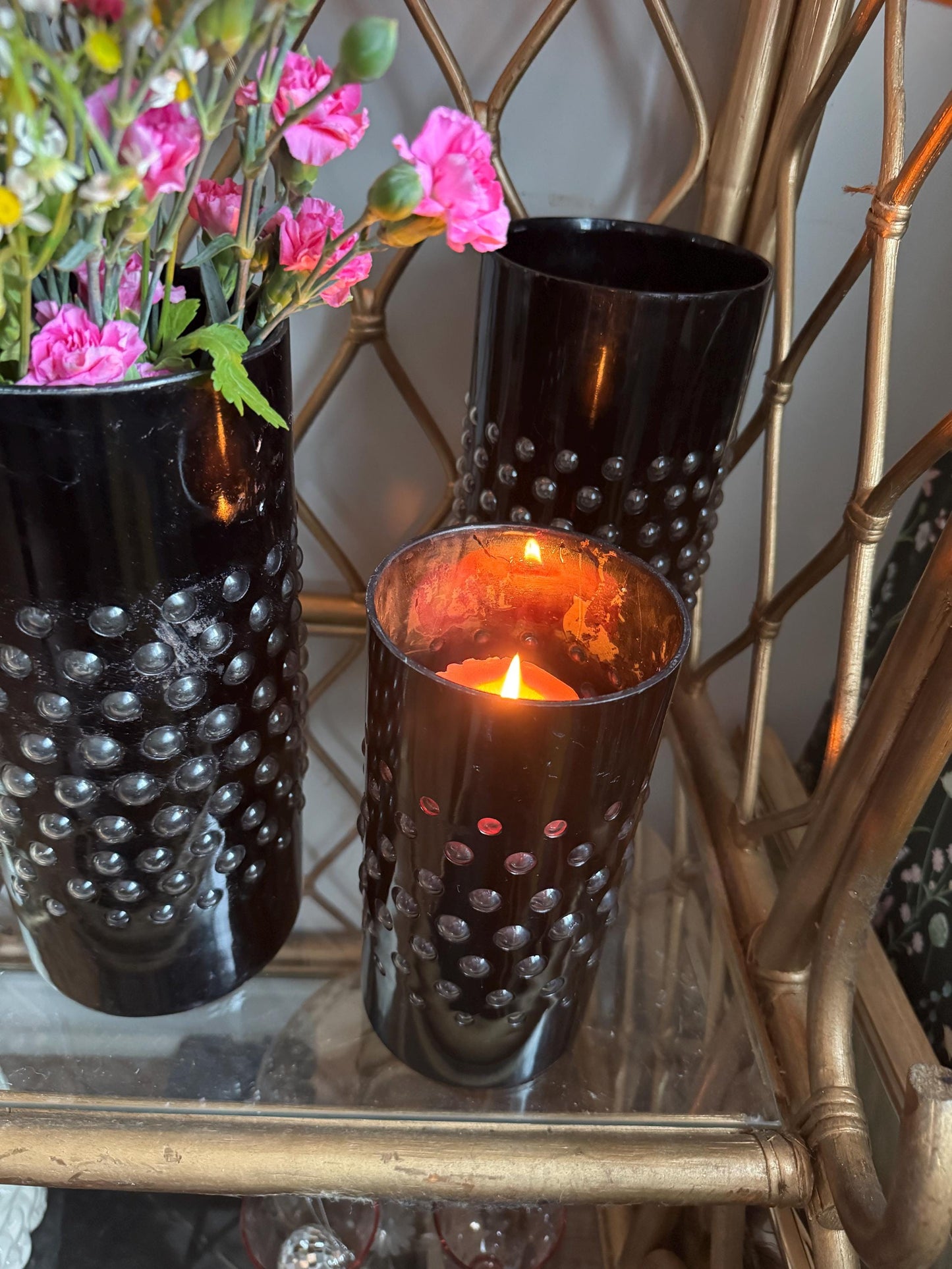 Vintage Brutalist imprisoned caged Bubble glass candle holder decor Flower Vase, RARE, glass bubble MCM Black Cylinder Vase, Sold Seperately