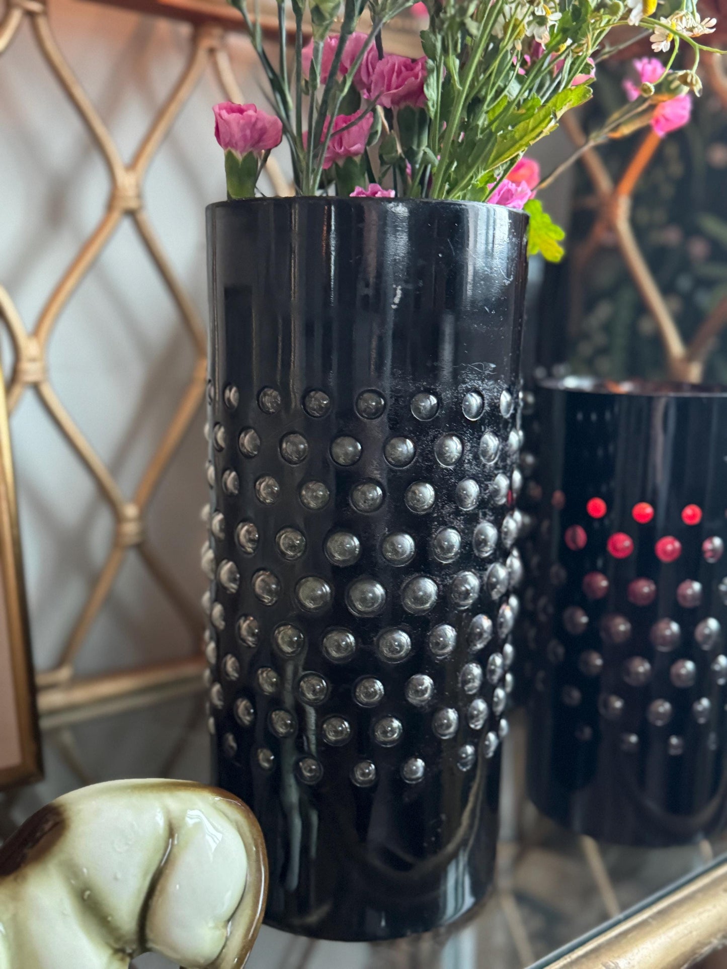 Vintage Brutalist imprisoned caged Bubble glass candle holder decor Flower Vase, RARE, glass bubble MCM Black Cylinder Vase, Sold Seperately