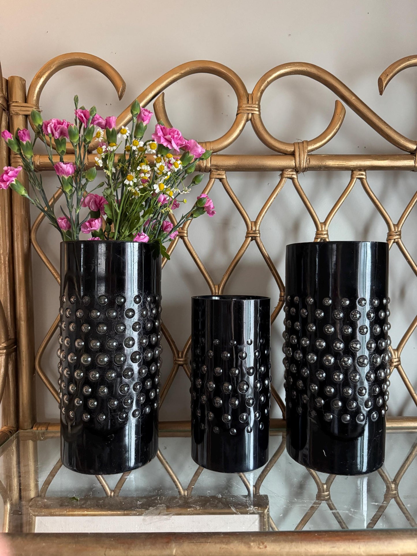 Vintage Brutalist imprisoned caged Bubble glass candle holder decor Flower Vase, RARE, glass bubble MCM Black Cylinder Vase, Sold Seperately