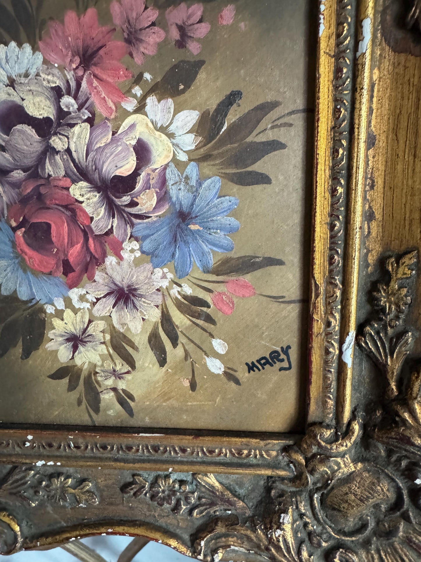 Gold Floral oil painting, vintage oil painting, gold gesso frame, Floral Still Life Painting, Ornate Gold Framed Floral Art Small
