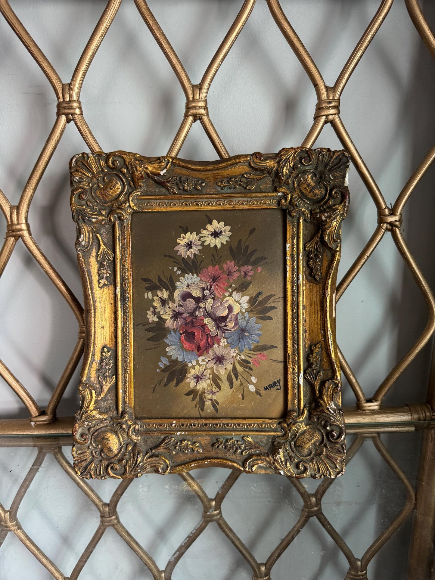 Gold Floral oil painting, vintage oil painting, gold gesso frame, Floral Still Life Painting, Ornate Gold Framed Floral Art Small