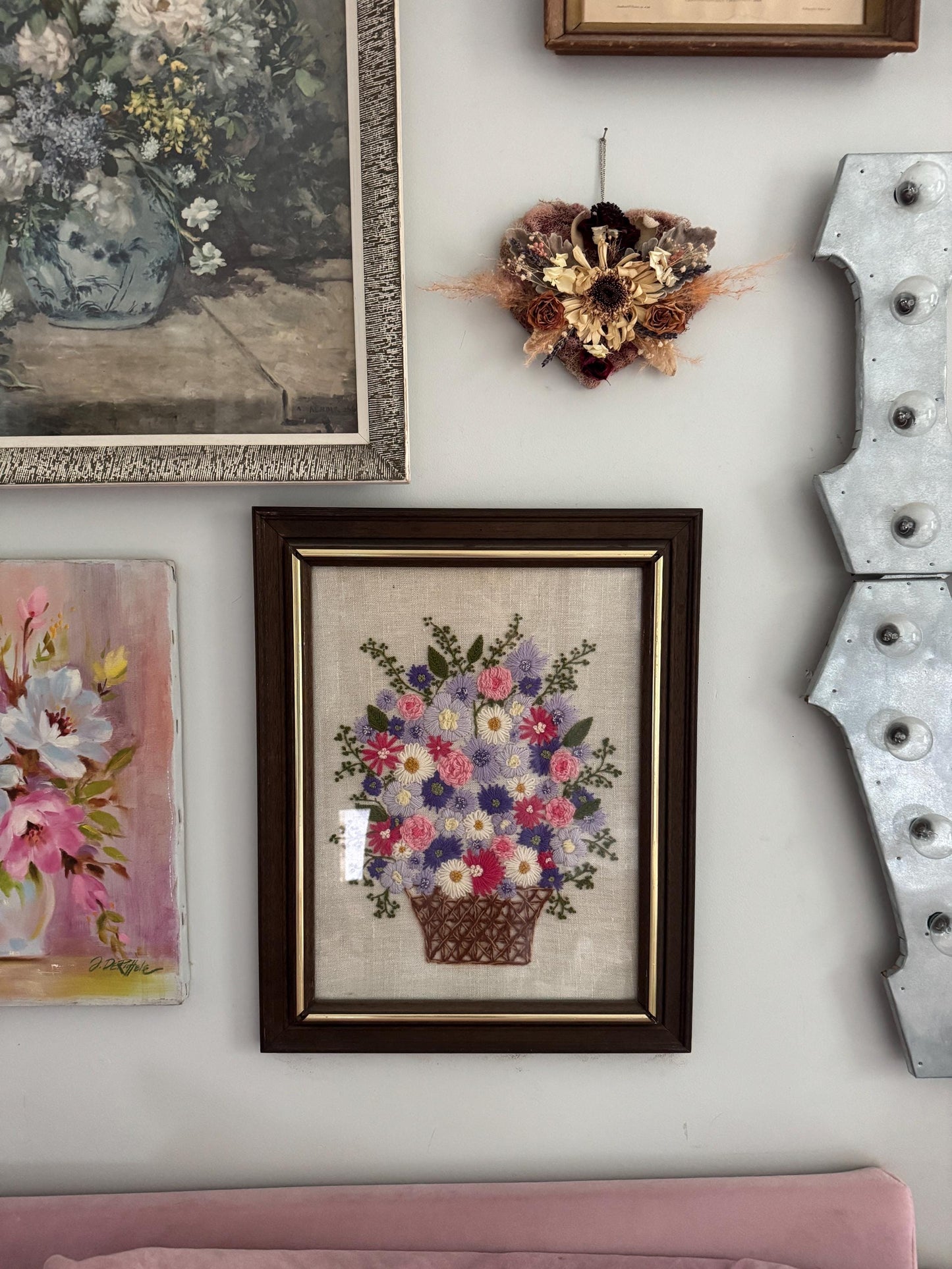 Vintage Floral Embroidery, Pink Daisy Crewelwork, Purple Floral Needlepoint, Nursery Embroidery, Large Vintage Flowers Embroidery