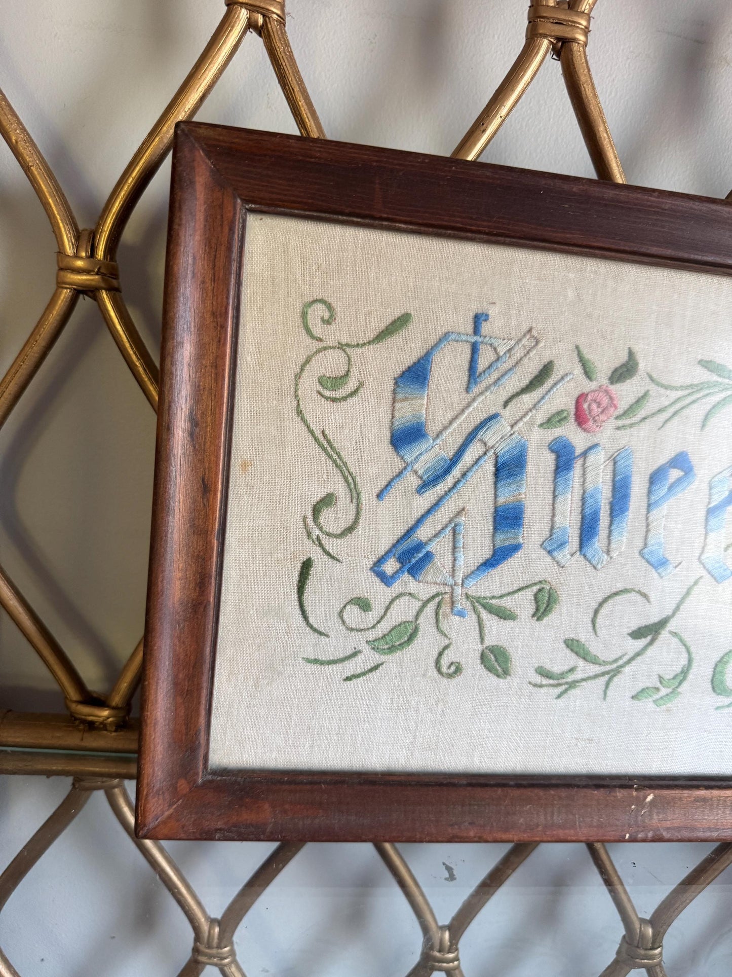 Vintage Bedroom Needlepoint Art Sweet Dreams 60s Vintage Hand Embroidered Art for Guest Bedroom Blue Art Cottage Decor Farmhouse Bedroom