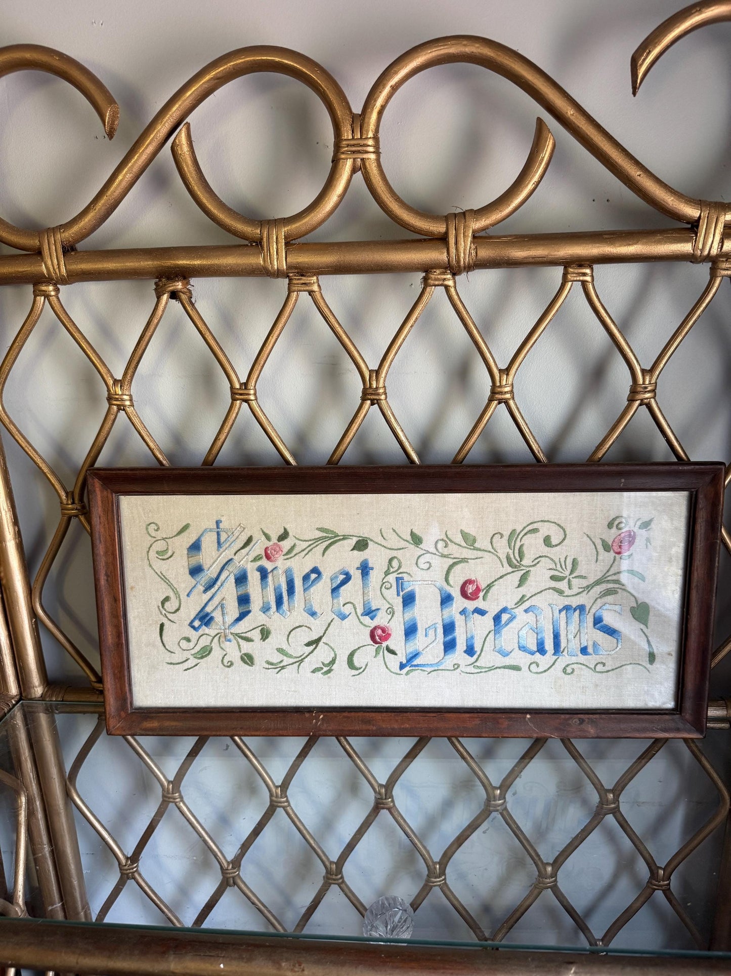 Vintage Bedroom Needlepoint Art Sweet Dreams 60s Vintage Hand Embroidered Art for Guest Bedroom Blue Art Cottage Decor Farmhouse Bedroom