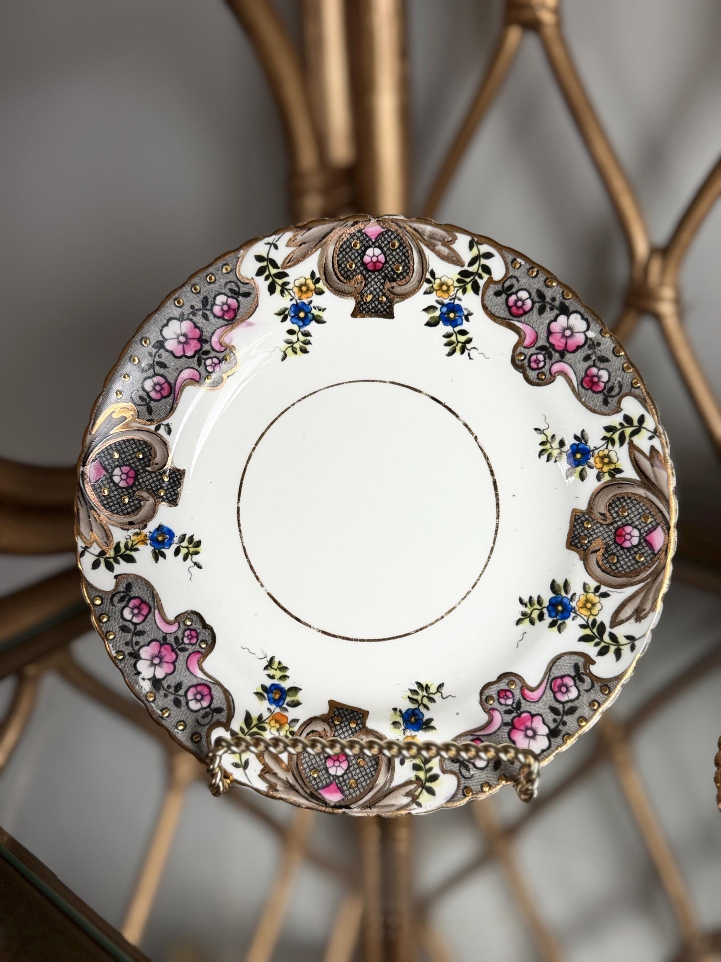 Antique Painted Porcelain Dessert Dinner plates Gilded Floral Gold Plated Pink Flower Design, circa early 1900s  11 Available