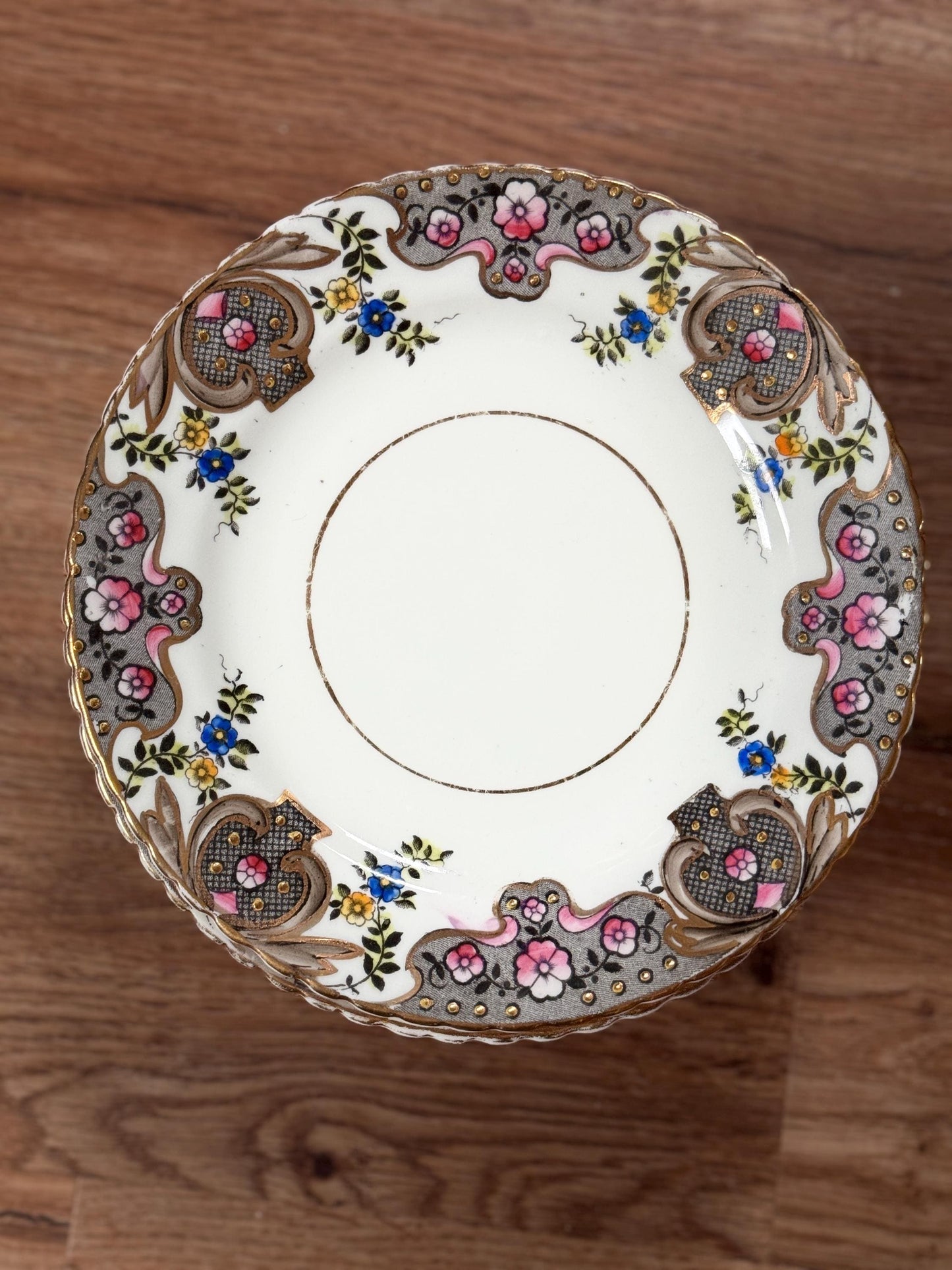 Antique Painted Porcelain Dessert Dinner plates Gilded Floral Gold Plated Pink Flower Design, circa early 1900s  11 Available