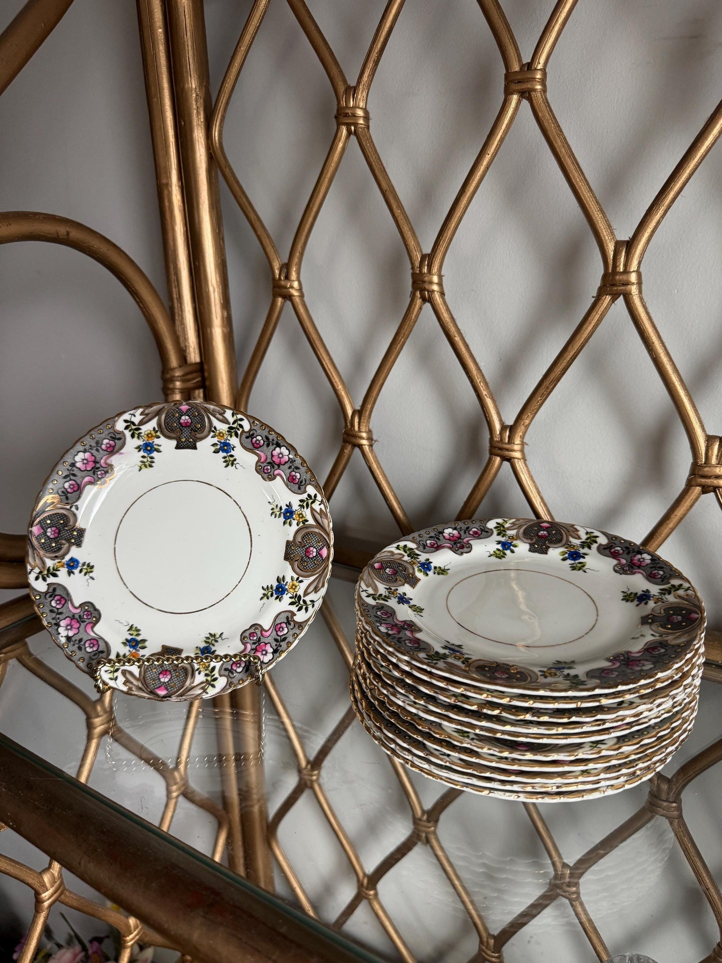 Antique Painted Porcelain Dessert Dinner plates Gilded Floral Gold Plated Pink Flower Design, circa early 1900s  11 Available
