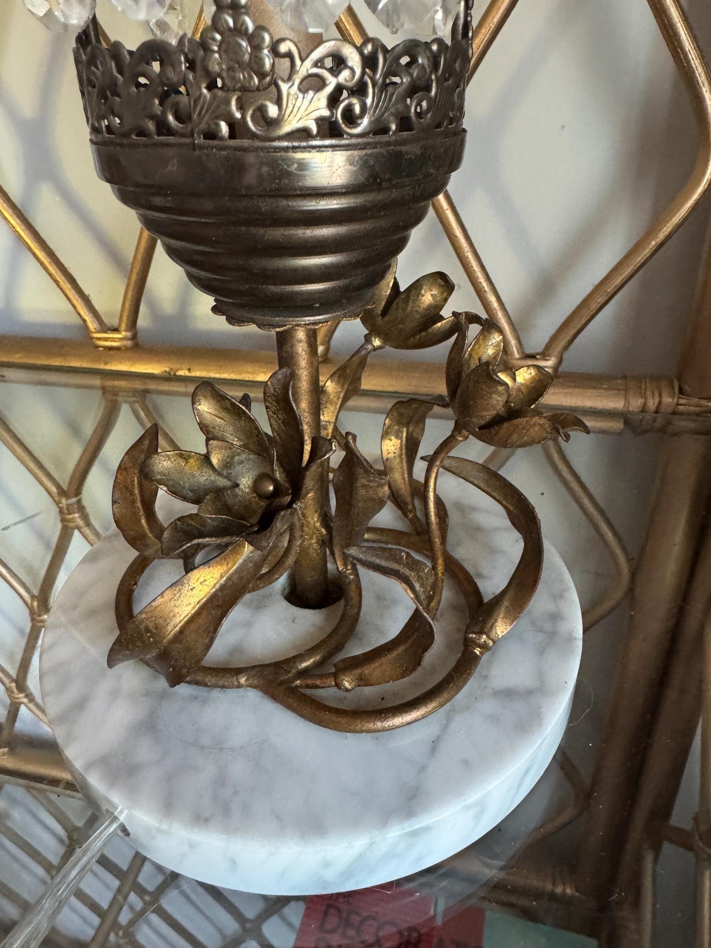Hollywood Regency Brass FLoral Base Austrian Crystals Vintage Waterfall Prism Table Lamp, VTG 1960s Boho Boudoir Gilt Crystal Lamp, Floral