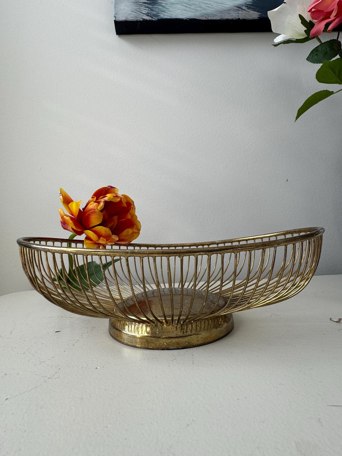 Vintage Retro 1980s Leonard sterling Silverplated Gold Wire fruit bowl Basket Vintage Gold Metal Serving Basket Bread Fruit Vegetable Basket