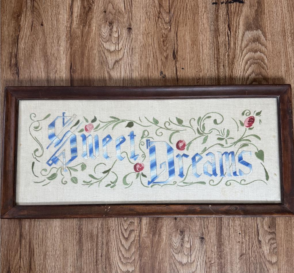 Vintage Bedroom Needlepoint Art Sweet Dreams 60s Vintage Hand Embroidered Art for Guest Bedroom Blue Art Cottage Decor Farmhouse Bedroom
