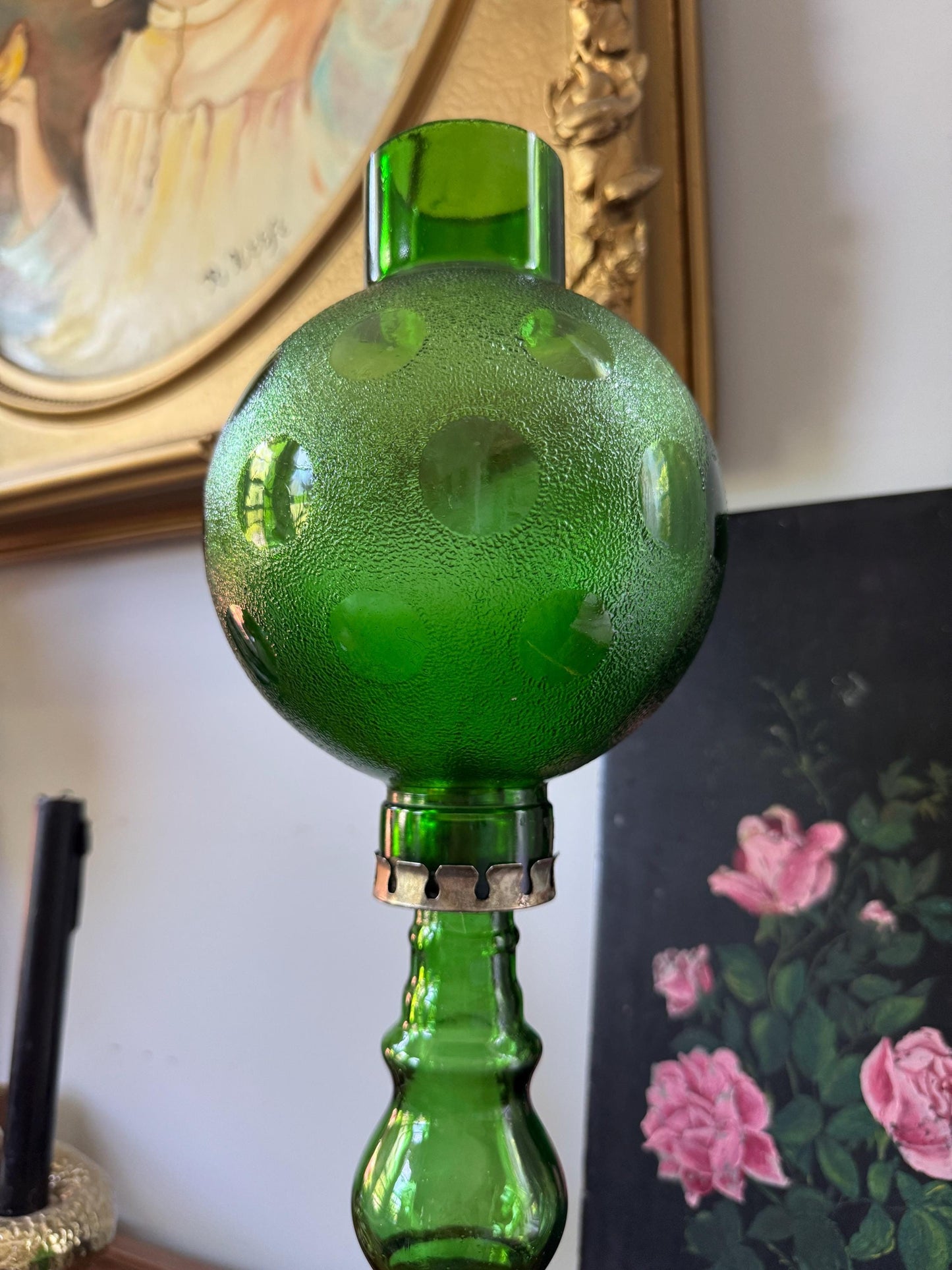 Vintage Mid Century Italian Cevin Green Glass Candle Lamp Genie Bottle, Vintage Wine Green Bottle Candle Lamp, Rare Find Candle Holder