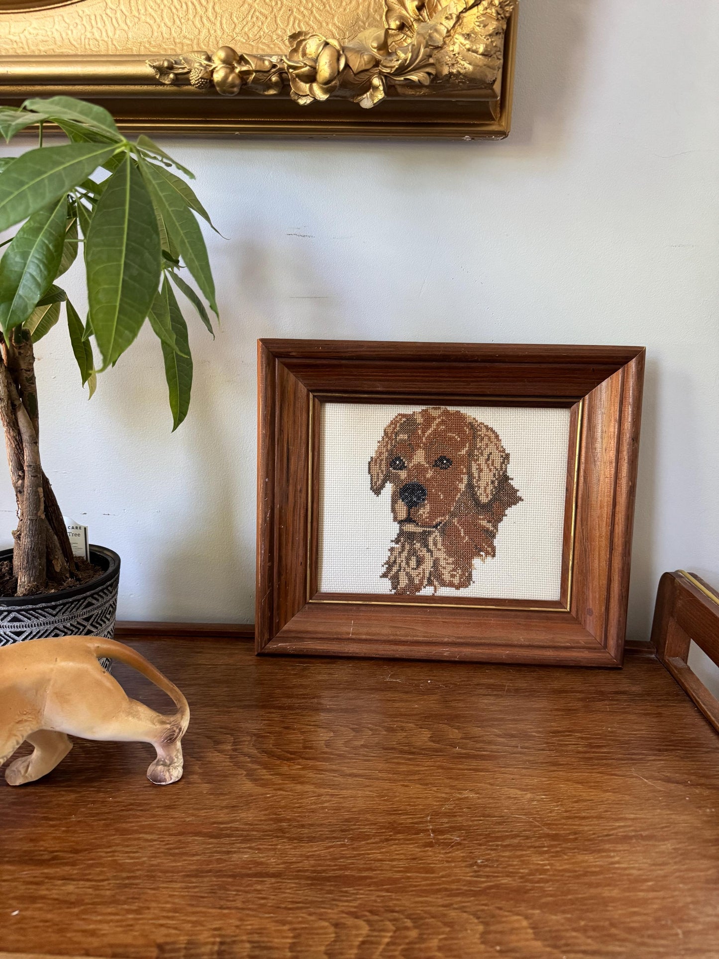 Vintage Golden Retriever Needlepoint Heavy Wood Frame, Golden Dog Needlepoint Wall Art Hand Cross Stitch Embroidery 1950 Dog , 8x 10